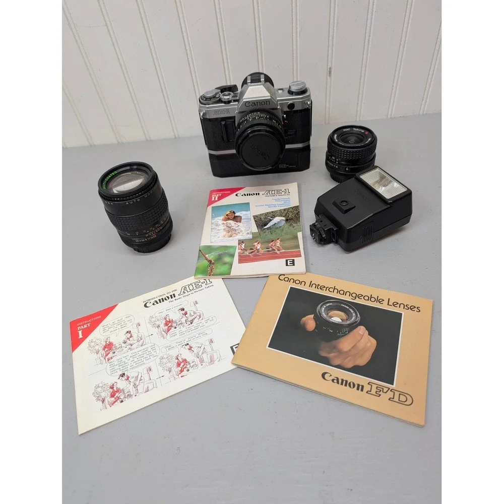 Canon AE-1‎ 35mm Camera w/ FD 50mm 1:1.8 Lens + Power Winder Lens Speedlite 155A